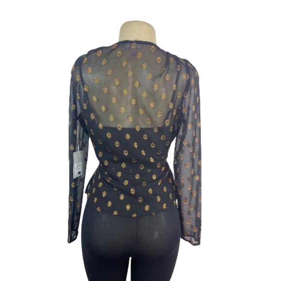 Chelsea- 28 Women Black & Gold Wrap Blouse With Geometric Print Button Sz S- New - Picture 3 of 9